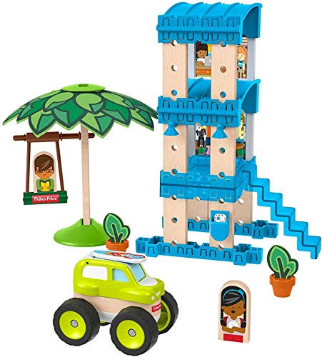 Fisher-Price Wonder Makers Design System Beach Bungalow - 35+ Piece Building and Wooden Track Play Set for Ages 3 Years & Up
