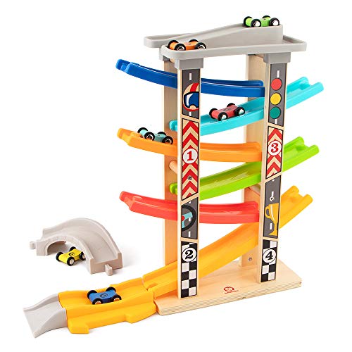 TOP BRIGHT Toddler Toys for 1 2 3 Year Old Boy Gifts Car Track with Car Ramps 6 Wood Race Car 1 Parking Garage & Extra Bridge