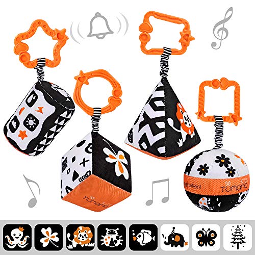 TUMAMA High Contrast Shapes Sets Baby Toys, Black and White Stroller Toy for Car Seat Baby Plush Rattles Rings Hanging Toy