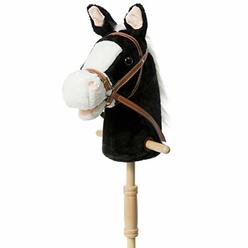 HollyHOME Outdoor Stick Horse with Wood Wheels Real Pony Neighing and Galloping Sounds Plush Toy Black 36 Inches(AA Batteries
