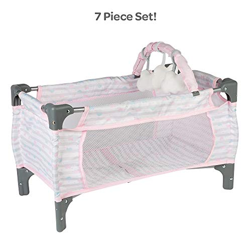 Adora Dolls Adora Baby Doll Crib Pink Deluxe Pack N Play 7-Piece Set Fits Dolls up to 20 inches, Bed/Playpen/Crib, Changing Table, 3