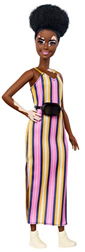 Barbie Fashionistas Doll with Vitiligo and Curly Brunette Hair Wearing Striped Dress and Accessories, for 3 to 8 Year Oldsâ€‹