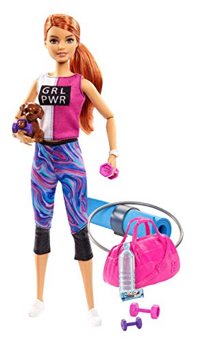 Barbie â€‹Barbie Fitness Doll, Red-Haired, with Puppy and 9 Accessories, Including Yoga Mat with Strap, Hula Hoop and Weights, Gift