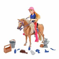 sunny days entertainment palomino horse with rider - playset with 14 realistic grooming accessories and sounds | blonde doll 