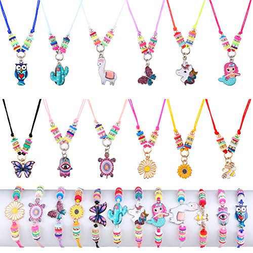 B Bascolor 24 Pcs Kids Jewelry for Girls Woven Friendship Bracelets and Necklaces Set with Animal Unicorn Mermaid Butterfly Flower