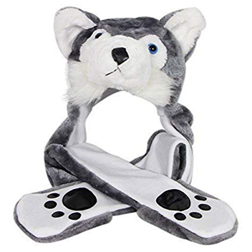HatButik Husky Timber Wolf Plush Animal Hat with Scarf Mittens with Paw  Prints (Long)