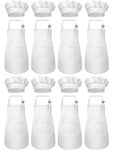 SATINIOR 8 Pieces Kids Apron and 8 Pieces Chef Hat Set Kids Apron with 2 Pockets Children Adjustable Chef Apron and Hats for