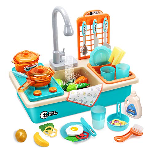 CUTE STONE Play Kitchen Sink Toys with Upgraded Real Faucet, Play Cooking Stove, Cookware Pot and Pan,Play Food, Color