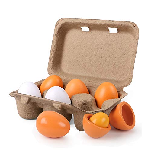 HANSGO Wooden Easter Eggs, Unpainted Wood Eggs Pretend Play Food Sets 6PCS Easter eggs Egg Toys for Kids Early Development,