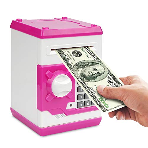 Setibre Piggy Bank, Electronic ATM Password Cash Coin Can Auto Scroll Paper Money Saving Box Toy Gift for Kids (White Pink)