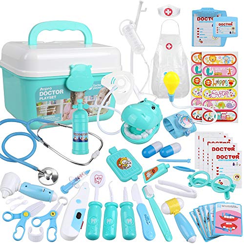 Anpro 46Pcs Medical Toy Kids Doctor Pretend Play Kit, Pretend Play Set with Stethoscope for Kids Doctor Role Play Costume