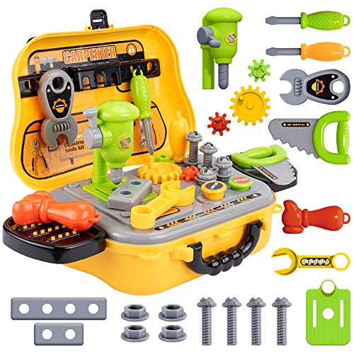 UNIH Kids Tool Sets for Boys Age 2-4 Childs Carpenter Preschool Fixing Tool Kit with Yellow Boxï¼ˆ23 Pcsï¼‰