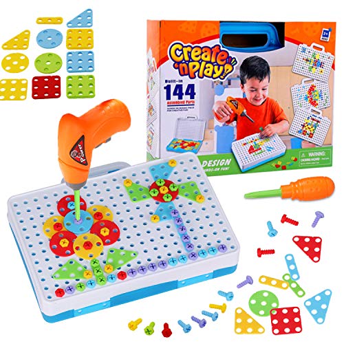 Haifeng 193 Pieces STEM Toys Drill Tool Set, DIY Creative 2D/3D Puzzle Peg board, Construction Engineering Building Blocks Learning