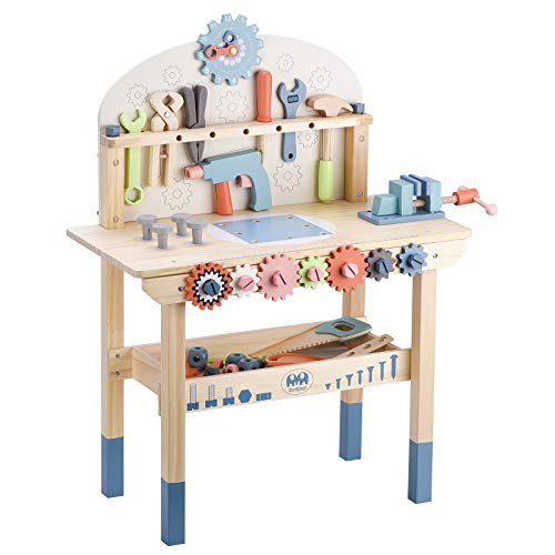 Toywoo Tool Bench for Kids Toy Play Workbench Wooden Tool Bench Workshop Workbench with Tools Set Wooden Construction Bench Toy for