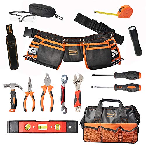 R RECOMFIT 15 Pieces Kids Real Tool kit Children Real Tool Set with Real Hand Tools, Kids Tool Belt, Pouch Bag ,Magnetic