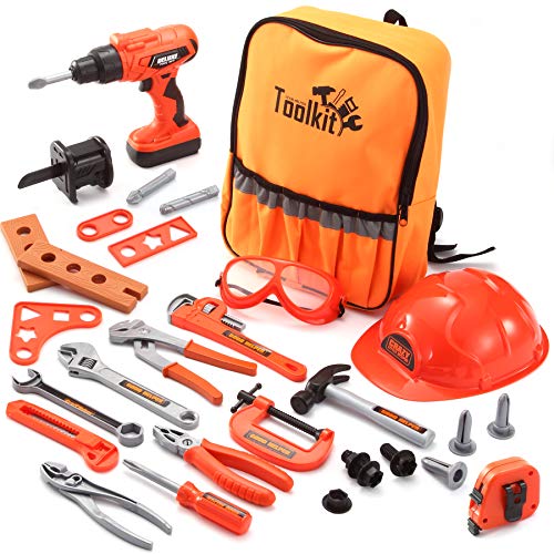 JOYIN 32 PCS Kids Construction Tool Toy Set Backpack of Tool Toys with Electric Power Drill Toy, Construction Helmet,