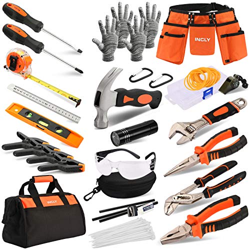 INCLY 95 PCS Kid Real Tool Set, Boy Builder Small Real Hand Tools Kit Construction Learning Accessories Hammer Screwdriver