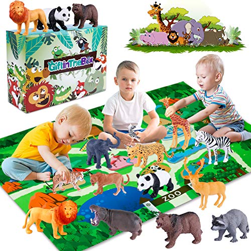 Giftinthebox GiftInTheBox Safari Animal Figurines Toys with Activity Play  Mat , Realistic Plastic Jungle Wild Zoo Animals Figures Playset
