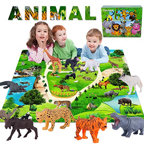 TEPSMIGO Safari Animals Figurines Toys with Activity Play Mat, Animal Toys  for Boys Toddlers, Realistic Zoo