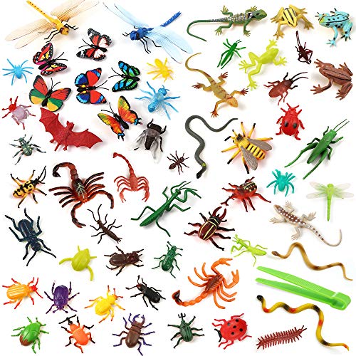 Auihiay 58 Pieces Plastic Insects Toys Assorted Play Bugs Toddler Bug Toys  with Plastic Tweezers for Kids Education Insect