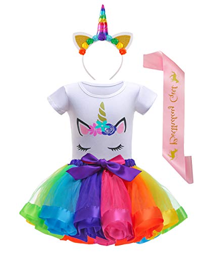 Nuolich Little Girls Unicorn Birthday Party Outfit, Unicorn Tutu Dress, Headband, Shirt & Satin Sash Rainbow 2-4T