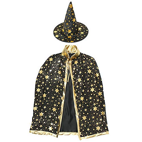 XYIYI Kids Witch Hat Wizard Cloak Halloween Costumes for Girls Boys (Black Stars)