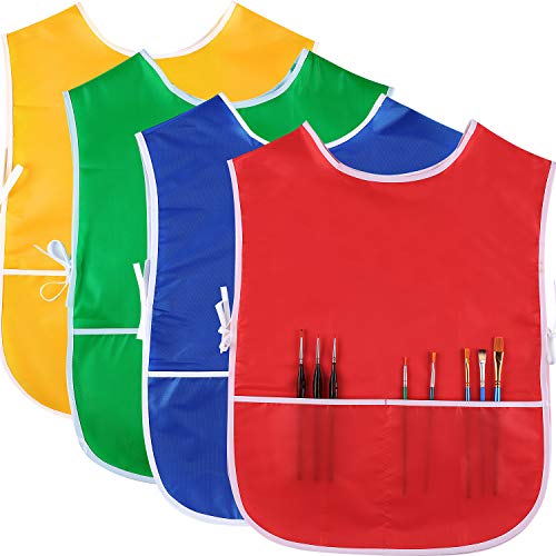 Satinior SATINIOR 4 Pieces Art Smock for Kids Artist Smock Waterproof  Painting Apron Painting Smocks for Children, 4 Colors (Red