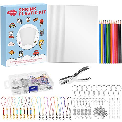 Warckon 200 Pieces Shrink Plastic Sheet Kit Include 20 Blank Sheets Shrinky  Art Paper,Hole Punch,165 Keychains Accessories,12