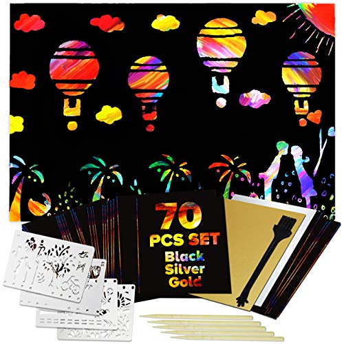 bago Scratch Art for Kids 70Pcs - Vibrant Rainbow Scratch Paper for Kids  and Adults Craft Fun (Black)