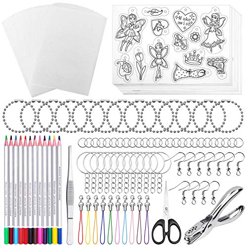 Shynek 205 Pieces Shrinky Art Kit for Shrinky Dink, Include 20 PCS Shrinky Art Paper and 185 PCS Keychains Accessories for