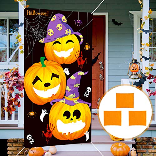 Sumind Halloween Toss Games Pumpkin Bean Bag Toss Games Pumpkin Throwing Games Hanging Pumpkin Banner with 3 Bean Bags for Halloween