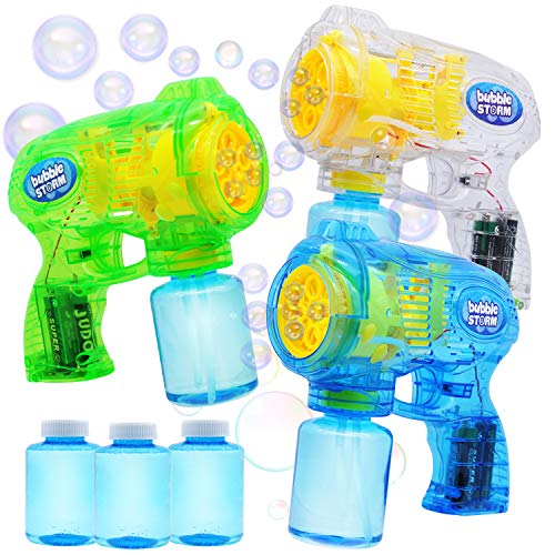 JOYIN 3 Bubble Guns Blaster Kit Automatic Bubble Maker Blower Machine with 3 Bubble Solutions for Kids, Bubble Blower for