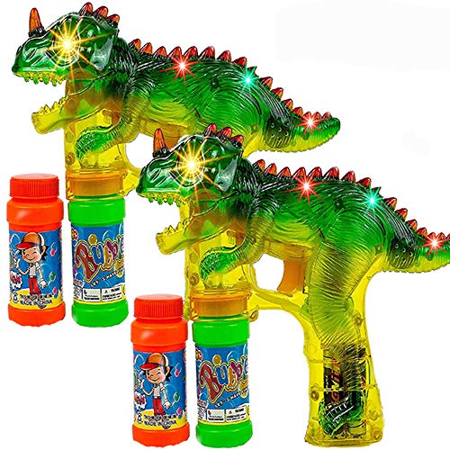 Toysery Dinosaur Bubble Blower Gun for Kids, 2 Pack Light Up Bubble Blaster Guns with Extra Refill Bottles Solution, Sound
