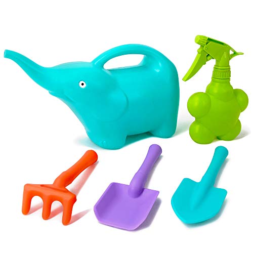 Colwelt Kids Gardening Tool Set 5PCS, Plastic Watering Can Set Include Elephant Watering Can, 3Pcs Colorful Kids Garden Tools