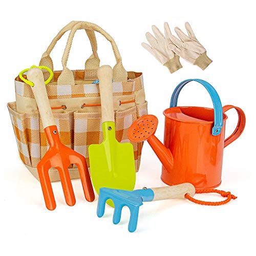 MoTrent Children Gardening Tools Set, 5 PCS Kids Garden Tool Toys Including Watering Can, Shovel, Rake, Trowel, Glove and
