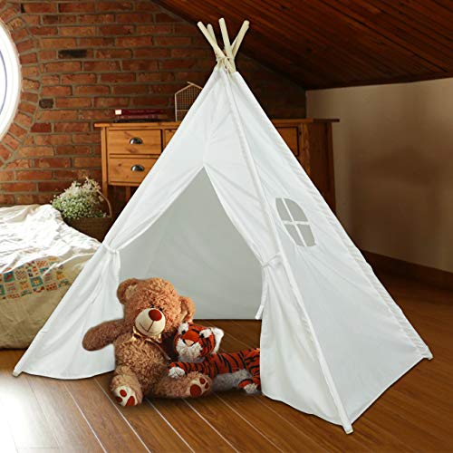 Ogrmar Kids Teepee Play Tent Foldable White Canvas Kids Playhouse Portable Kids Tent for Girls and Boys to Play Indoor and
