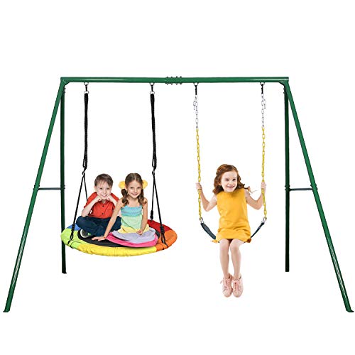 Trekassy 440lbs 2 Seat Swing Set, 1 Saucer Swing Seat and 1 Belt Swing Seat with Heavy Duty A-Frame Metal Swing Stand
