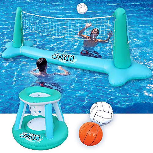JOYIN Inflatable Pool Float Set Volleyball Net & Basketball Hoops Balls for Kids and Adults Swimming Game Toy, Floating, Summer