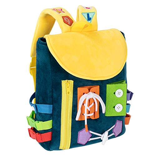 White Dolphin Toys Busy Board - Toddler Backpack with Buckles and Learning Activity Toys - Develop Fine Motor Skills and Basic Life Skills -