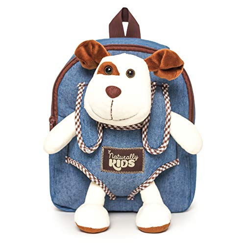 Naturally KIDS Kids Backpack w Stuffed Animal Dog Plush Toy Cute Toddler Backpack for Boys Denim Backpack for Kids - Toys for Kids Ages 3 4