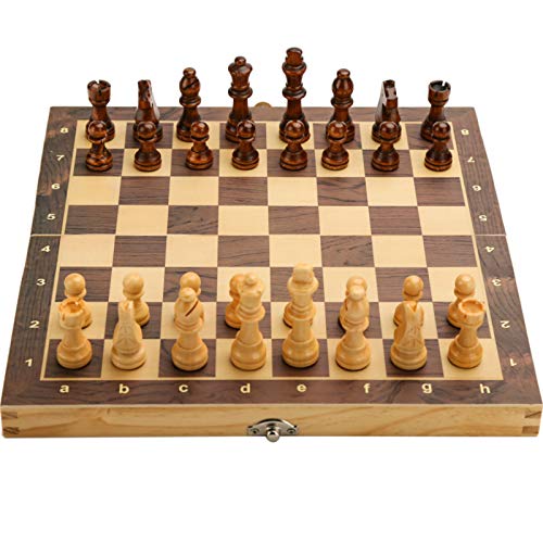 LuckyWish 15" x 15" Magnetic Wooden Folding Chess Set with 2 Extra Queens, Handmade Game Board Interior for Storage for Adult Kids