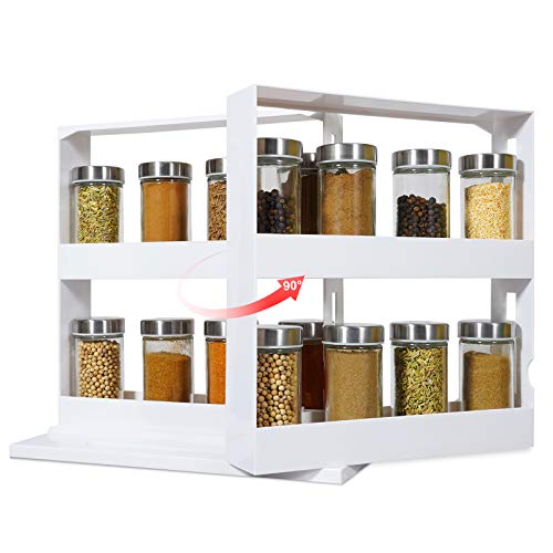 jocabo Rotating Spice Rack Plastic Seasoning Spice Jar Rack Storage 2 Tier Pull Out Kitchen Cabinet Organiser Slide Salt Bottle Box
