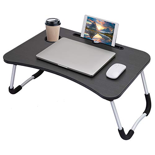 Hossejoy Foldable Laptop Table, Breakfast Serving Bed Tray, Lap Desk with Foldable Leg & Tablet Phone Groove & Cup Slot for