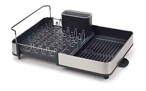 Joseph Joseph Stainless-Steel Extendable Dual Part Dish Rack Non-Scratch and Movable Cutlery Drainer and Drainage Spout,