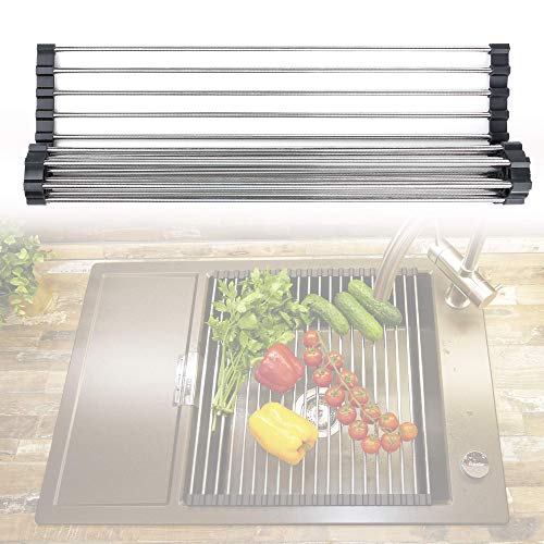 Belgoff Roll-Up Dish Drying Rack 21"(L) x 16"(W) - Foldable Multipurpose Heat Resistant Large Stainless Steel Kitchen Rollup