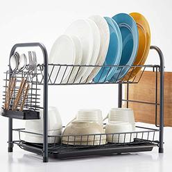 naturous dish drying rack, 2 tier dish rack for kitchen counter, rust-resistant kitchen drying rack dish drainers with drainb