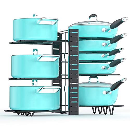 mudeela Pan Organizer Rack for Cabinet, Pot and Pan Organizer for Cabinet with 3 DIY Methods, Adjustable Pan Pot Rack with 8 Tiers,
