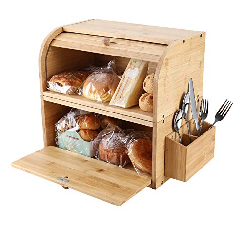 TQVAI Natural Bamboo 2 Layer Bread Storage Box Roll Top Food Can Rack Organizer with Silverware Basket - Detachable Design -