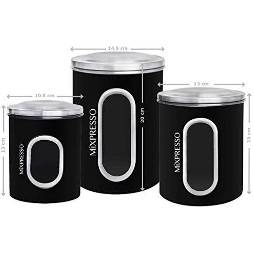 MiXPRESSO 3 Piece Black Canisters Sets For The Kitchen, With See Through Window | Airtight Coffee Container, Tea Organizer,