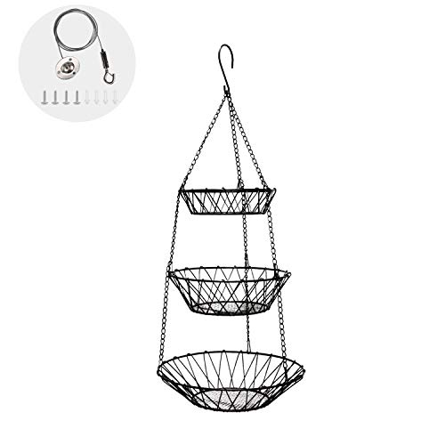 Wuhostam 3 Tier Fruit and Vegetable Hanging Basket with Sturdy Metal Chain Hanging Hook Heavy Duty Wire Organizer, Space Saving Rustic